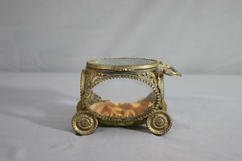 Vintage Jewelry Casket Carriage With Ormolu Filigree And Beveled Glass Ovals