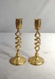 Pair Of Mid-Century Brass Double Helix Candlesticks