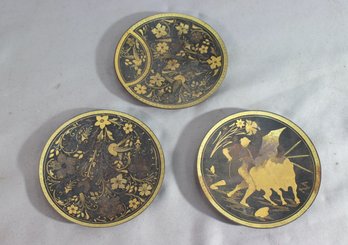 Group Of 3 Damascene Style Engraved And Inlay Metal Trinket Dishes