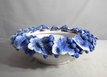 Large Decorative Ceramic Bowl With Floral And Berry Accents