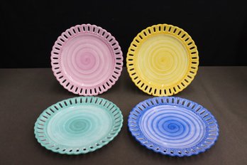 4  Reticulated Pierced Rim Pastel Swirl  Plates, By Lotus 1995