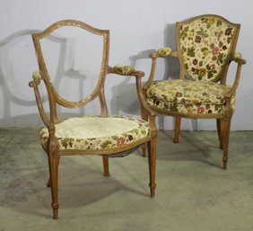 Two Upholstered Shield Back Arm Chairs 1 Missing Back & Partial Seat - See Photos For Condition