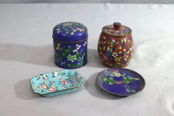 Group Lot Of Chinese Cloisonne Enamel Small Lidded Jars And Dishes