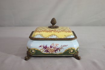 Vintage Hand Painted Enameled Porcelain Lidded Jewelry Casket With Brass-tone Metal Feet, Rim, And Finial