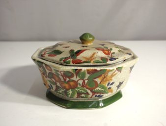 Vintage Chinese Crackle Glaze Octagonal Covered Dish With Bird And Fruit Motif