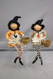 Two Halloween Pumpkin And Black Cat Witch With Baskets Figurines