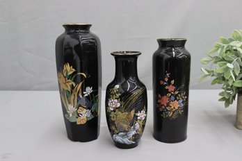 Group Of 3 Kutani-Style Japanese Jet Black Vases With Flowers And Birds