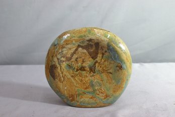 Ellipse Form Stoneware Vase With Swirled Marbleized Polychrome Glaze, Signed By Artisan