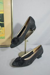 Vtg Salvatore Ferragamo Black Suede Pumps Shoes Fringe Bow Size 7.5 2A