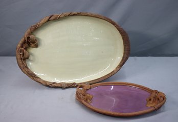 Two '85 Vintage American Terrafirma Pottery Oval Trays With Woven Vine Scrolled Border