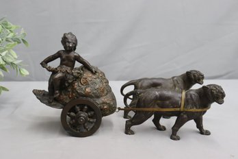 Cast White Metal Cherub Flower Chariot Pulled By Two Beasts Figurine Scenario