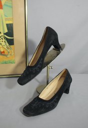 SALVATORE FERRAGAMO Embroidered  Heels Pumps Square Toe Suede Black -sz 8