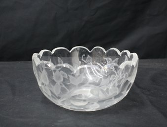 Vintage Etched Floral Vine Glass Centerpiece Bowl