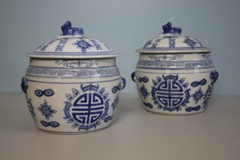 Pair Of Blue And White Lidded Jars