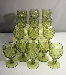 14 Imperial Provincial Green Georgian Thumbprint Honeycomb Water Goblet Glasses, Vintage