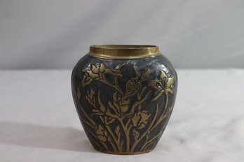 Vintage Two-Tone Brass Oval Vase Embossed With Raised Flowers