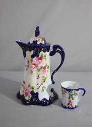 Vintage Cobalt Blue & White Japanese Porcelain Teapot/Chocolate Pot & Cup