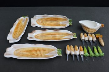 Vintage Corn On The Cob Serving Dishes With Butter Dish And Brush And Corn Cob Prong Holders
