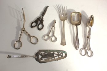 Antique Silver-Plated Serving Utensils And Shears Collection