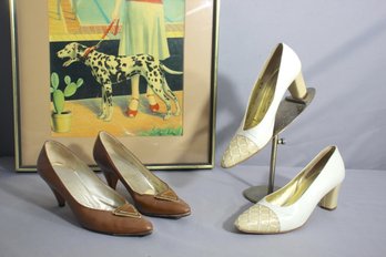 Pair Of VINTAGE Bruno Magli Low Heel Pumps -Tan And White Size 8