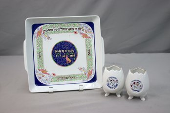 Group Lot Of Israeli Naaman Pottery Square Seder Plate And Two Ritual Food Cups