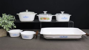 Group Lot Of (mostly) Blue Cornflower Corning Ware Baking Dishes - 1 Chrome/Wood Serving Rack And 3 Tops