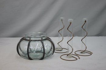 Vintage Blown Glass Vase Bulging In Wrought Iron Frame & 3  Wire-wrapped Test Tube Bud Vases