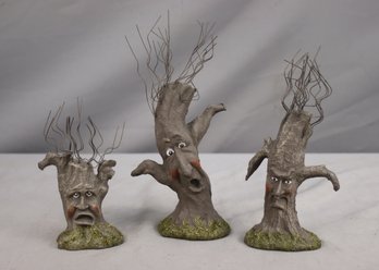 Group Lot Of 3 Spooky Face Wire Hair Halloween Tree Figurines