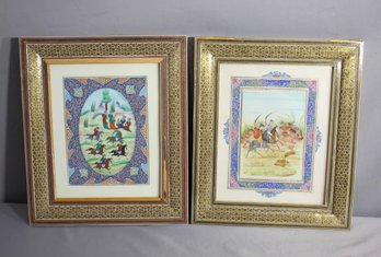 Pair Of Persian  Paintings In Khatam Inlaid Frames