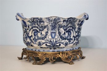 Blue & White Porcelain Planter With Brass Base