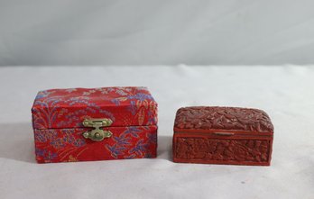 Vintage Chinese Baoding Meditation Balls In Red Cloth Box & Japanese Cinnabar Carved Lacquer Box