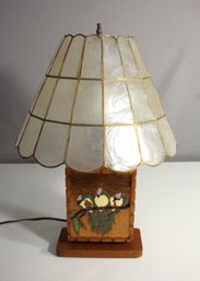 ViNTAGE Carved WOOD TABLE LAMP CRAFtSMAN With CAPIZ LAMPSHADE ON BUBBLE GARDEN LAMP