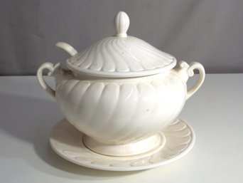 Vintage White Ceramic Soup Tureen With Ladle And Underplate