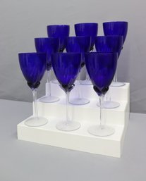 Group Lot Of 9 Blue Goblet  And Tulip Stem Glasses