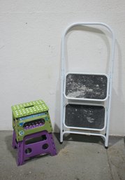 White Step Stool And Two Folding Plastic Foldable Stools
