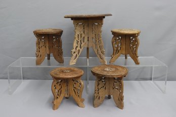 Grouping Of 5 Vintage Carved And Inlay Indian Wood Folding Plant Stands 4 Small 1 Large