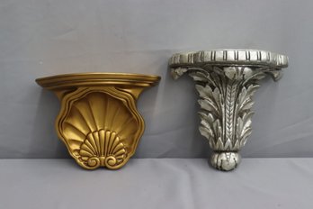 Two Painted Wall Sconces - Silver Acanthus Leaves And Gold Sea Shell