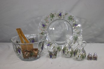 Vintage Hand Painted Glass Salad Set - Bowl And Platter, 2 Cruets, Salt & Pepper Set, Wooden Servers And More