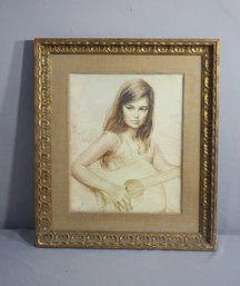 Finely Framed Vintage Young  Lady With Guitar Drawing