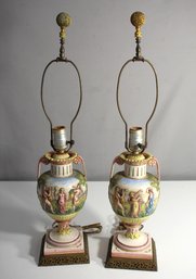 'Pair Of Antique Neoclassical Figural Urn Table Lamps  Ornate Hand-Painted Design'