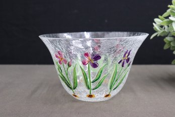 Crackle Glass Bowl With Hand Painted Flowers