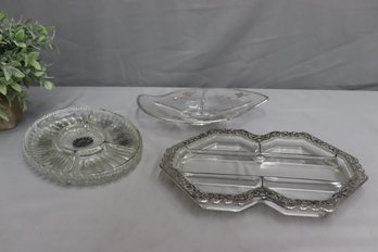 Group 3 Of Vintage Cut Glass And Silver Overlay Divided Serving Platters