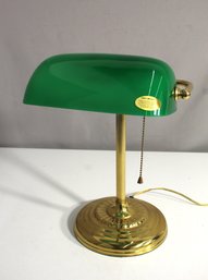 Vintage Bankers Metal Lamp With  Brass Finish And Hand Blown Green Glass Shade