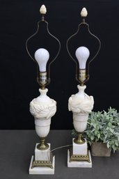 Exquisite Pair Of Hollywood Regency Marble And Brass Mount Lamps (no Shades)