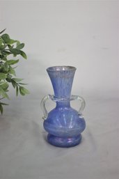 Vtg Small Murano 3 Handle Blue Italian Art Glass Vase