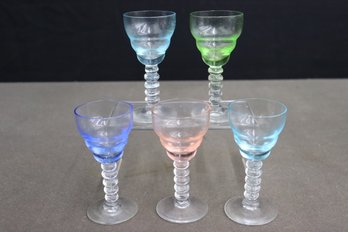 Group Lot Of 5 Stacked Ball Stem Tinted Cordial Glasses