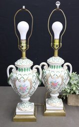 Pair Of  Vintage Hand Painted  Ceramic Faience  Floral Trophy Vase Lamps