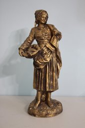 Chalkware Statue Woman W/Basket Of Fish Tall 18' Gold Bronze Tone