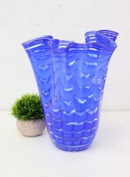 Polish Art Glass Fazzoletto Vase In Shades Of Blue & Fenicio Pattern In Clear