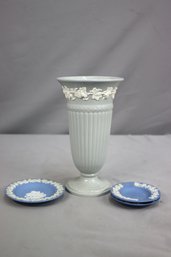 Wedgwood Embossed Queensware Vase & 2 Blue Jasperware Ashtrays And 1 Jasperware Pin Dish